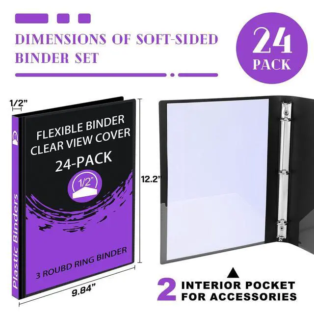 Alt view image 2 of 7 - 24 Pcs 3 Ring Plastic Binders Bulk with 2 Pockets Flexible Binder with Transparent View Cover Plastic Binder for Home Office(1/2 Inch,Black)