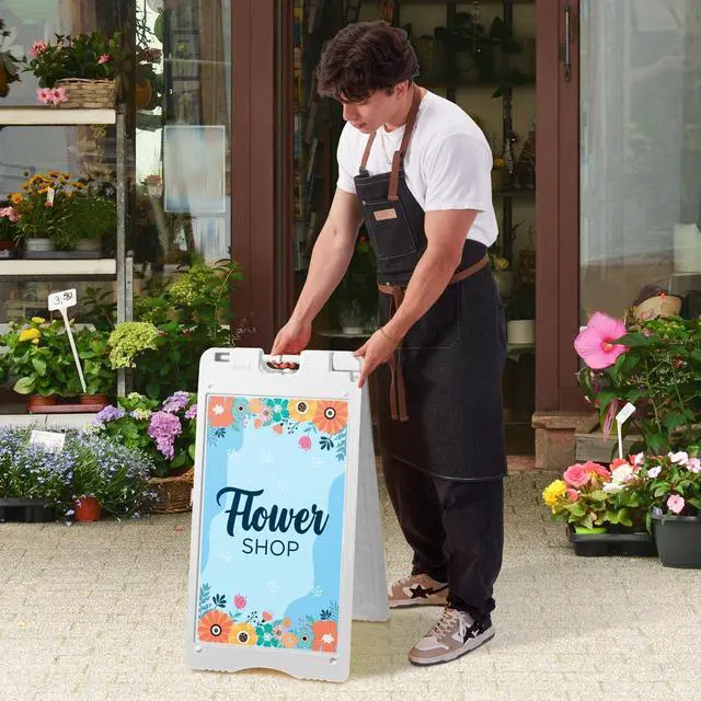 Alt view image 2 of 7 - A-Frame Signboard 15.7 x 26 Display Surface Small Outdoor Sandwich Board w/Weather Resistant PVC Sign Protector & Sand Fill Holes Dual Signage Stand for Storefront Sidewalk Curb (White)