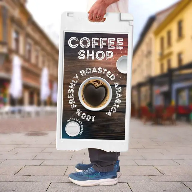 Alt view image 5 of 7 - A-Frame Signboard 15.7 x 26 Display Surface Small Outdoor Sandwich Board w/Weather Resistant PVC Sign Protector & Sand Fill Holes Dual Signage Stand for Storefront Sidewalk Curb (White)