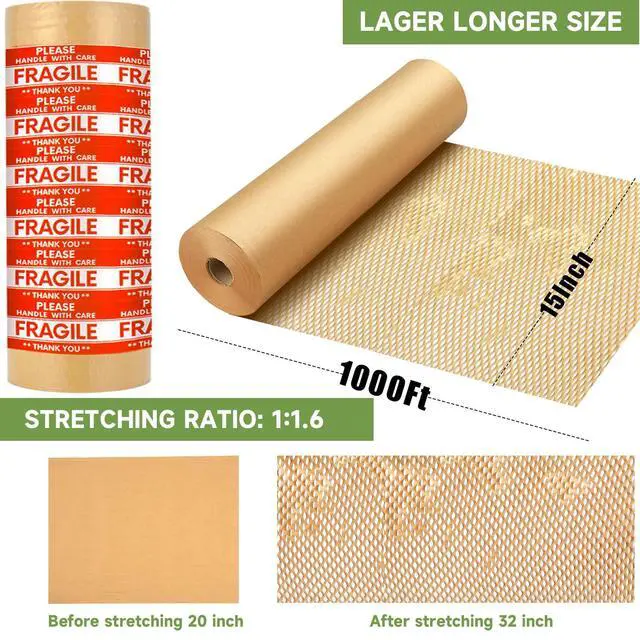Alt view image 7 of 7 - Honeycomb Packing Paper Wrap 15''x12000" (1000 ft), Substitute Alternative for Bubble Cushioning Wrap for Moving Shipping Packaging, Recyclable Moving Supplies with 48 Fragile Sticker Labels