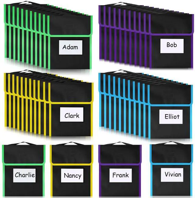 Main image of 48 Pcs Medium Book Pouches for Classroom, Nylon Black Reading Book Bags for Student with Clear Name Tag, 10" x 12", Pocket on Handle Chair Pockets for Classroom Students School Home