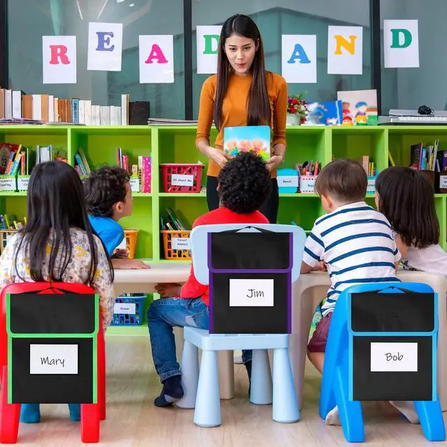 Alt view image 7 of 7 - 32 Pcs Medium Book Pouches for Classroom, Nylon Black Reading Book Bags for Student with Clear Name Tag, 10" x 12", Pocket on Handle Chair Pockets for Classroom Students School Home