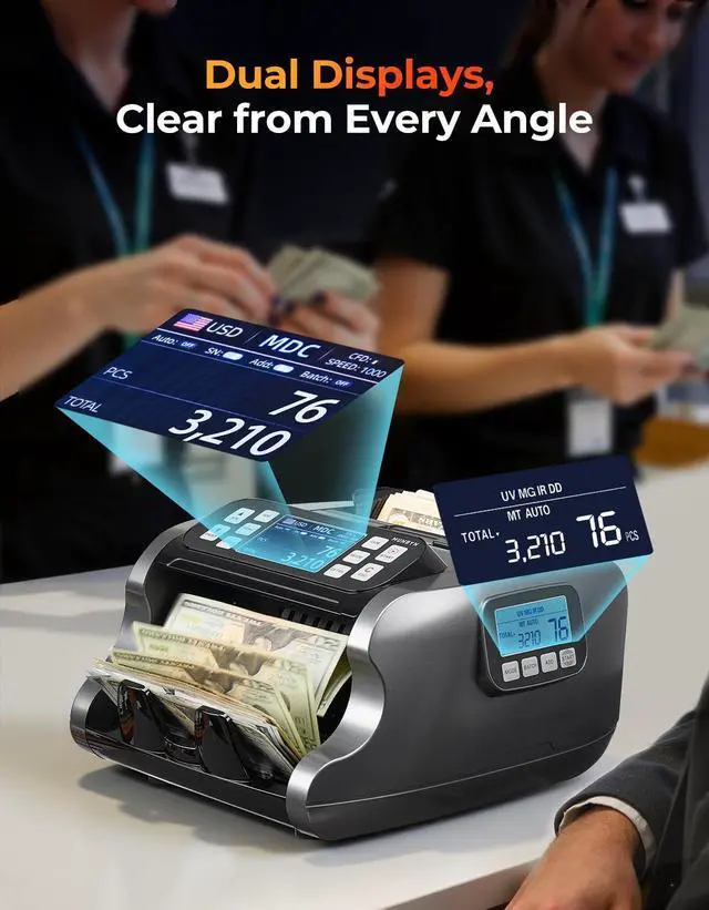 Alt view image 3 of 7 - IMC22 Money Counter Machine Mixed Denomination, Dual-Display, CIS/UV/IR/MG Counterfeit Detection Bill Counter, USD, MXN, EUR, CAD Cash Counter for Business, Merchant, 2Y Protect (Black)