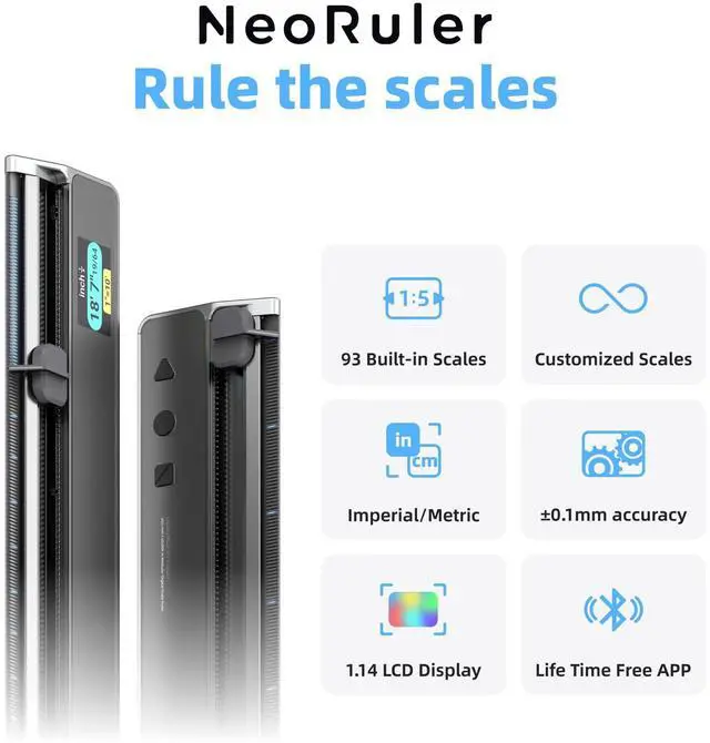 Alt view image 3 of 6 - NeoRuler Digital Scale Ruler, 12 inch Smart Scale Ruler with Infinite Customized Scales and ±0.004 inch Accuracy, 93 Built-in US Imperial, Metric Scales, Architectural and Engineering