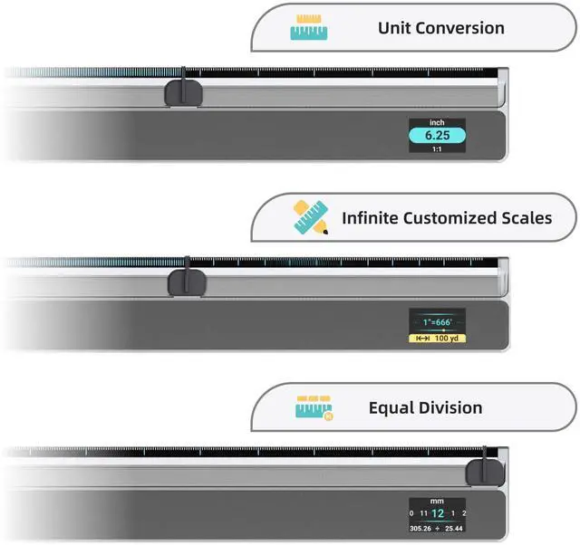 Alt view image 4 of 6 - NeoRuler Digital Scale Ruler, 12 inch Smart Scale Ruler with Infinite Customized Scales and ±0.004 inch Accuracy, 93 Built-in US Imperial, Metric Scales, Architectural and Engineering