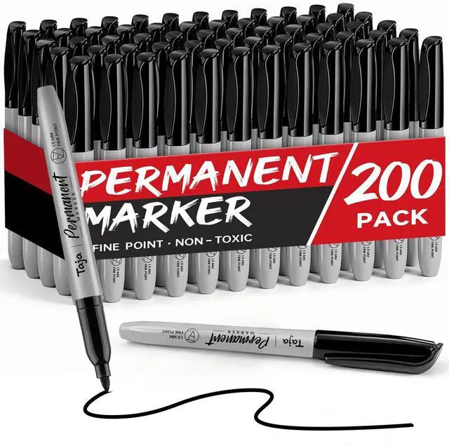 Main image of (200 Counts) Permanent Markers, Fine Tip, Black, Quick-Drying and Fade-Resistant Bulk Marker Set for Writing and Sketching on Wood, Plastic, Metal, Glass, Perfect for School and Office Supplies