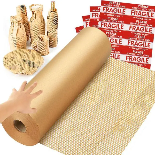 Main image of Honeycomb Packing Paper Wrap 15''x820', Substitute Alternative for Bubble Cushioning Wrap for Moving Shipping Packaging, Recyclable Moving Supplies with 48 Fragile Sticker Labels