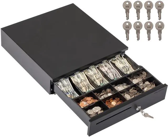 Main image of Electronic Cash Register Drawer for Point of Sale (POS) System, 5 Bill/8 Coin, 16" with Adjustable Coin Slots, 12-24V, RJ11/RJ12 Key-Lock, Media Slot, Black