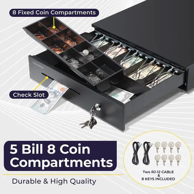 Alt view image 3 of 6 - Electronic Cash Register Drawer for Point of Sale (POS) System, 5 Bill/8 Coin, 16" with Adjustable Coin Slots, 12-24V, RJ11/RJ12 Key-Lock, Media Slot, Black