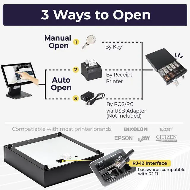 Alt view image 4 of 6 - Electronic Cash Register Drawer for Point of Sale (POS) System, 5 Bill/8 Coin, 16" with Adjustable Coin Slots, 12-24V, RJ11/RJ12 Key-Lock, Media Slot, Black