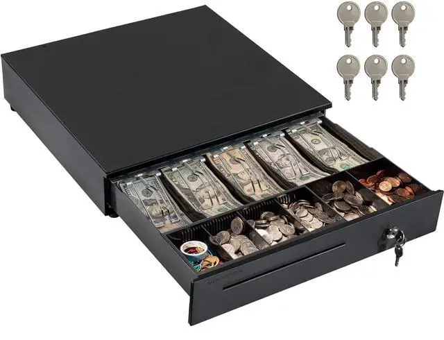 Main image of Cash Register Drawer for Point of Sale (POS) System with Removable Coin Slots, 5 Bill/6 Coin, 12-24V, RJ11/RJ12 Key-Lock, Media Slot, Black