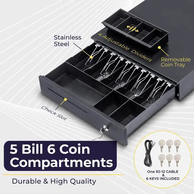 Alt view image 3 of 7 - Cash Register Drawer for Point of Sale (POS) System with Removable Coin Slots, 5 Bill/6 Coin, 12-24V, RJ11/RJ12 Key-Lock, Media Slot, Black