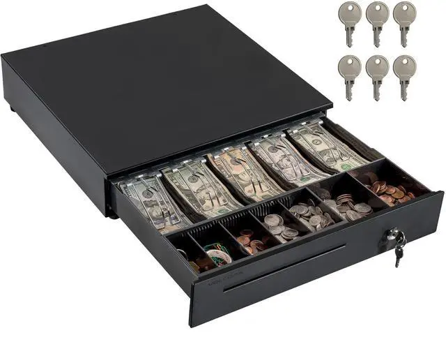 Main image of Cash Register Drawer for Point of Sale (POS) System, 5 Bill/7 Coin, 16" with Adjustable Coin Slots, 12-24V, RJ11/RJ12 Key-Lock, Media Slot, Black