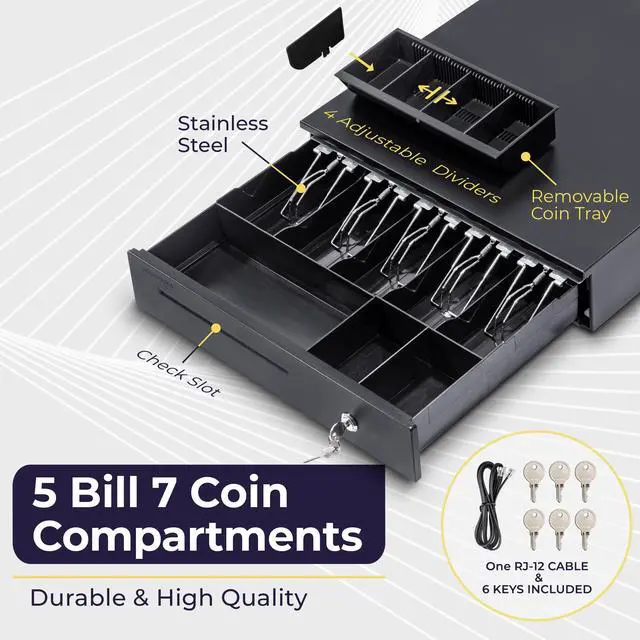 Alt view image 3 of 7 - Cash Register Drawer for Point of Sale (POS) System, 5 Bill/7 Coin, 16" with Adjustable Coin Slots, 12-24V, RJ11/RJ12 Key-Lock, Media Slot, Black