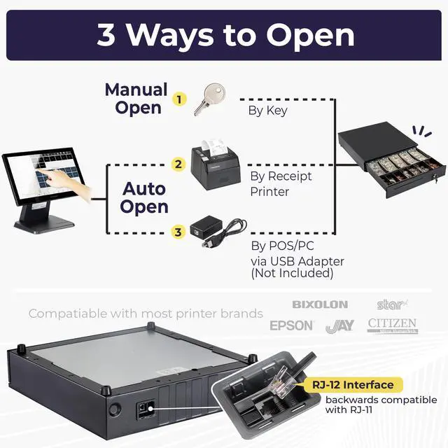 Alt view image 4 of 7 - Cash Register Drawer for Point of Sale (POS) System with Removable Coin Slots, 5 Bill/6 Coin, 12-24V, RJ11/RJ12 Key-Lock, Media Slot, Black