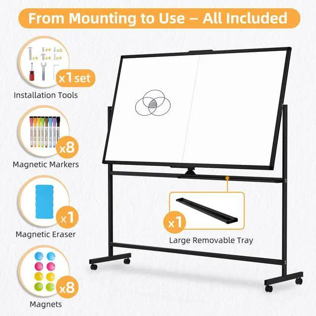 Alt view image 4 of 7 - Rolling White Board on Wheels, 72" x 40" Dry Erase Whiteboard Stand Black | Double-Sided Reversible, 6 x 3.33 ft, Standing Magnetic Whiteboard, Giant Mobile Board, Portable for Office School