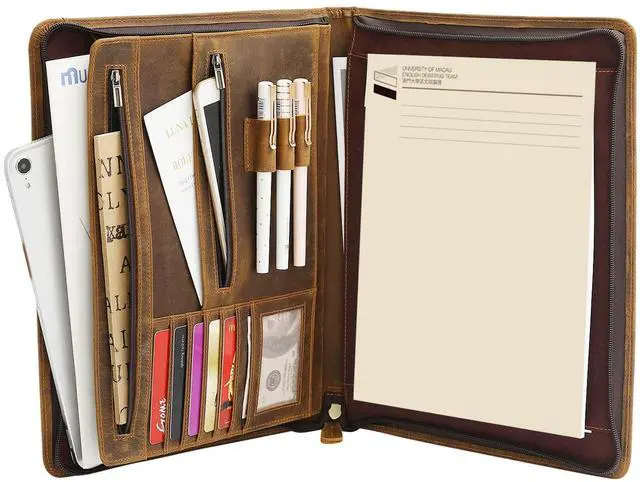 Main image of Leather Portfolio Organizer with Zipper for Men Women, Leather Padfolio Business Resume Legal Pad Portfolio Notebook Binder for A4/Pad, Brown