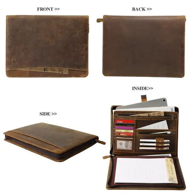 Alt view image 3 of 7 - Leather Portfolio Organizer with Zipper for Men Women, Leather Padfolio Business Resume Legal Pad Portfolio Notebook Binder for A4/Pad, Brown