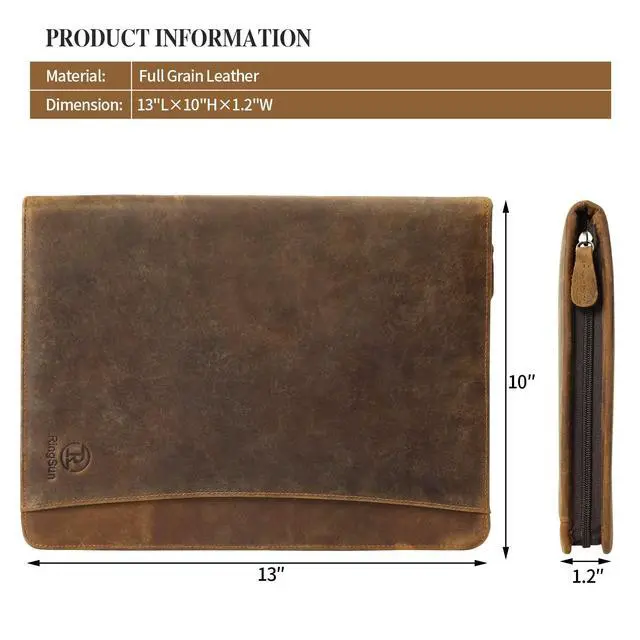 Alt view image 2 of 7 - Leather Portfolio Organizer with Zipper for Men Women, Leather Padfolio Business Resume Legal Pad Portfolio Notebook Binder for A4/Pad, Brown