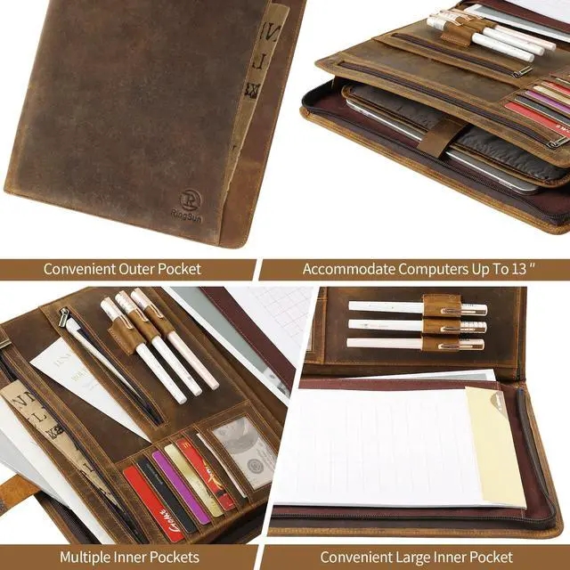 Alt view image 5 of 7 - Leather Portfolio Organizer with Zipper for Men Women, Leather Padfolio Business Resume Legal Pad Portfolio Notebook Binder for A4/Pad, Brown