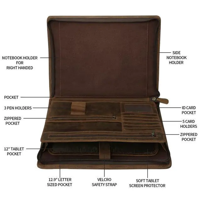 Alt view image 4 of 7 - Leather Portfolio Organizer with Zipper for Men Women, Leather Padfolio Business Resume Legal Pad Portfolio Notebook Binder for A4/Pad, Brown