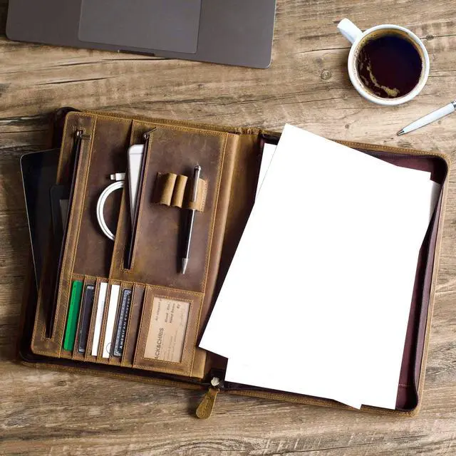 Alt view image 6 of 7 - Leather Portfolio Organizer with Zipper for Men Women, Leather Padfolio Business Resume Legal Pad Portfolio Notebook Binder for A4/Pad, Brown