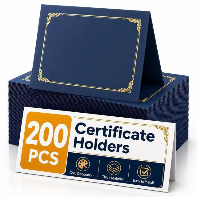 Main image of 200 Packs Certificate Covers, 250gsm Navy Blue Diploma Holders with Gold Foil Border, Suitable for Inner Pages with a Size of 8.5x11 Award Certificates, Document Papers, Paper Card Stock