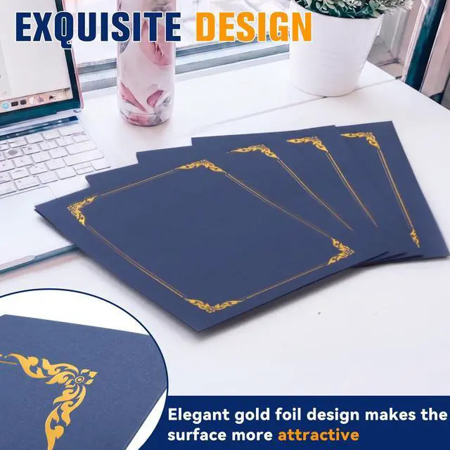 Alt view image 3 of 6 - 150 Packs Certificate Covers, 250gsm Navy Blue Diploma Holders with Gold Foil Border, Suitable for Inner Pages with a Size of 8.5x11 Award Certificates, Document Papers, Paper Card Stock