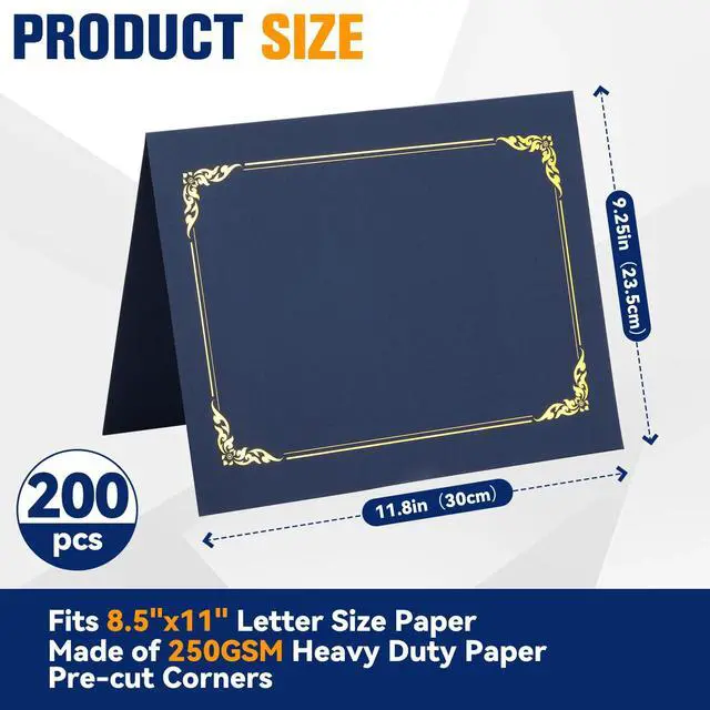 Alt view image 2 of 6 - 200 Packs Certificate Covers, 250gsm Navy Blue Diploma Holders with Gold Foil Border, Suitable for Inner Pages with a Size of 8.5x11 Award Certificates, Document Papers, Paper Card Stock