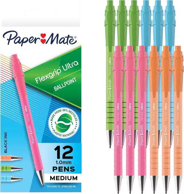 Main image of FlexGrip Ultra Ballpoint Pens Made from Recycled Plastic Materials Assorted Barrel Colors Medium Point (1.0mm) Black 12 Count (Pack of 12)