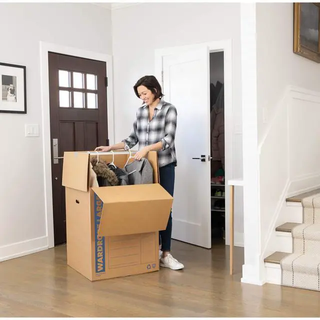 Alt view image 2 of 7 - 3-Pack Tall Wardrobe Moving Boxes, 24" x 24" x 40" | Move hanging clothes from closet to truck with wardrobe boxes that reduce folding, wrinkles, and repacking