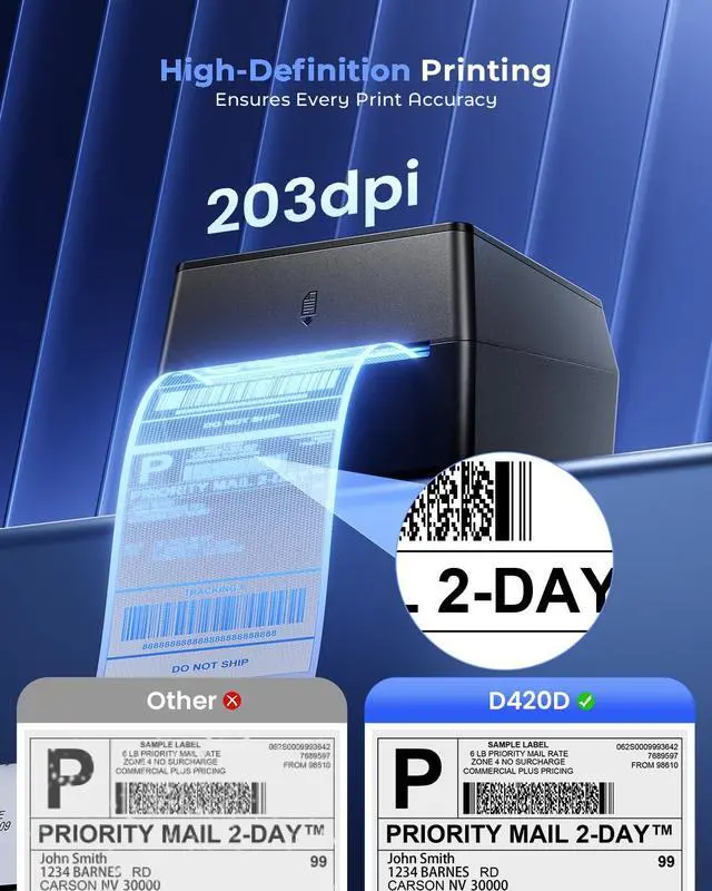 Alt view image 6 of 7 - Shipping Label Printer with Touchable Screen & 3 Roll Labels | D420D Thermal Printer 4x6 with Built-in Label Bin, Thermal Label Printers Come with 750PCS 4x6 Labels (250 Labels/Roll)