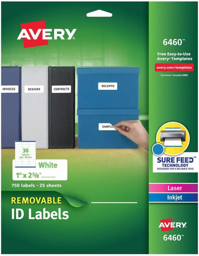 Main image of Removable ID Labels, Sure Feed Technology, Removable Adhesive, 1" x 2-5/8", 5 Packs (6460)