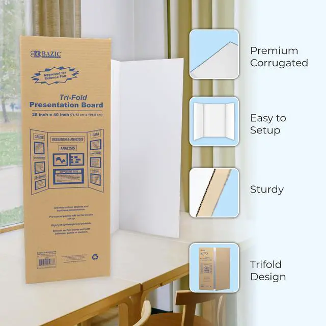 Alt view image 2 of 7 - White Tri-Fold Poster Board, 28 x 40 in, 30-Case | white tri-fold corrugated poster board, opens into three panels and stands on its own