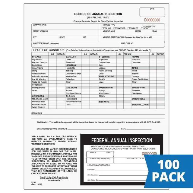 Alt view image 2 of 6 - J. J. Keller 100-Pack, Record of Annual Inspection Form with Inspection Label, 2-Ply Carbonless Form, DOT Compliant