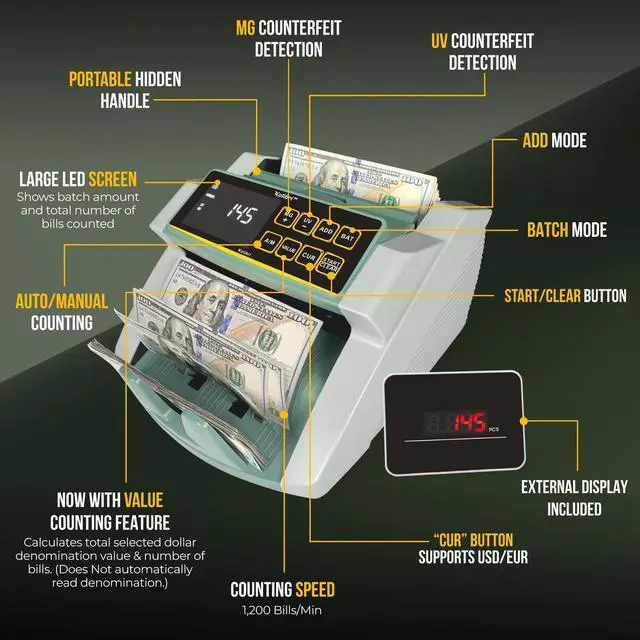 Alt view image 3 of 6 - Money Counter Machine I UV/MG I Set Value Count I LCD Display I Business Grade I Dollar, Euro I Advanced UV/MG/IR/DD/HLF Detection I 1,500 Notes/Min I I UV/MG