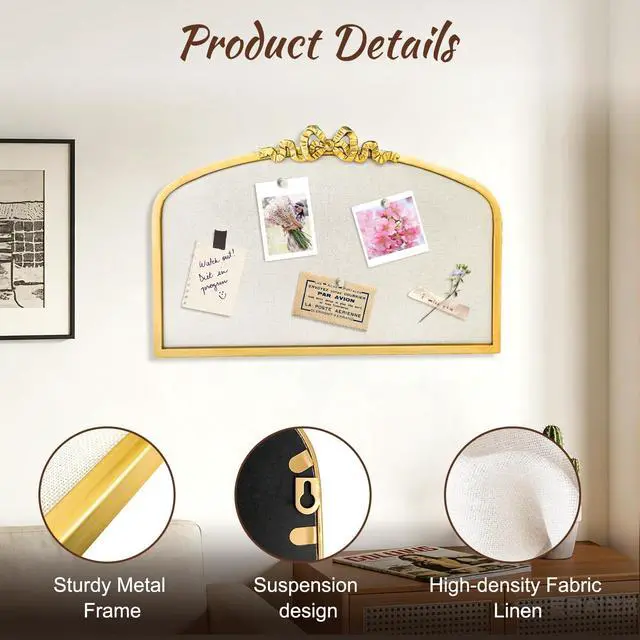 Alt view image 3 of 7 - Vintage Arched Linen Cork Bulletin Board with Gold Bow 24"x 15" Elegant Decorative Pin Board for Walls, Metal Frame Vision Board for Notes, Photos, Inspiration, Chic Home Office Decor for Women