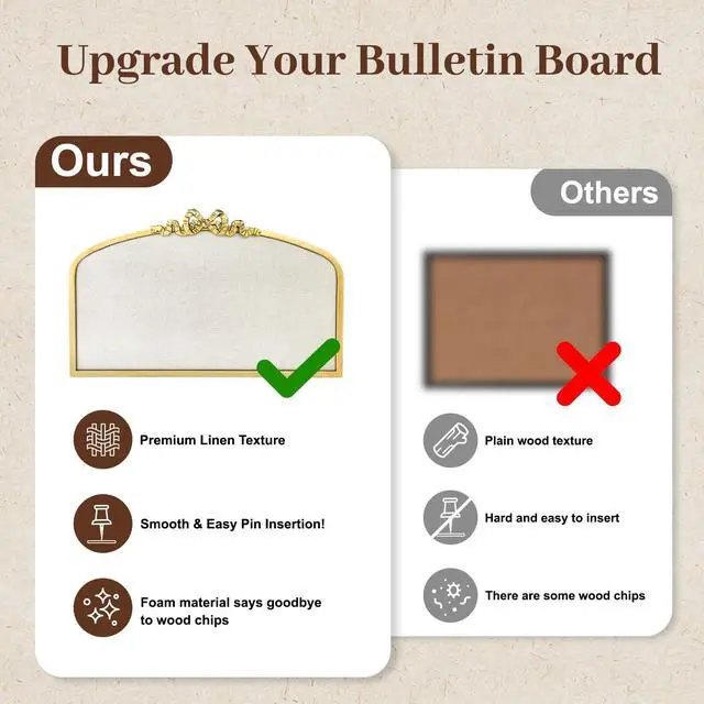 Alt view image 4 of 7 - Vintage Arched Linen Cork Bulletin Board with Gold Bow 24"x 15" Elegant Decorative Pin Board for Walls, Metal Frame Vision Board for Notes, Photos, Inspiration, Chic Home Office Decor for Women
