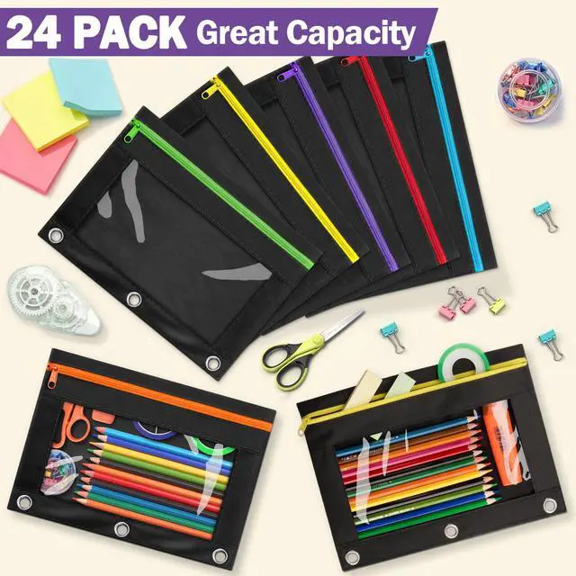 Alt view image 3 of 7 - 72 Pack Pencil Pouch for 3 Ring Binder, Clear Window 3-Holes Zipper Pencil Bags Bluk, Sturdy and Durable Cloth Pencil Case Pouch Multi-Purpose Cartuchera for Office College Classroom School Supplies