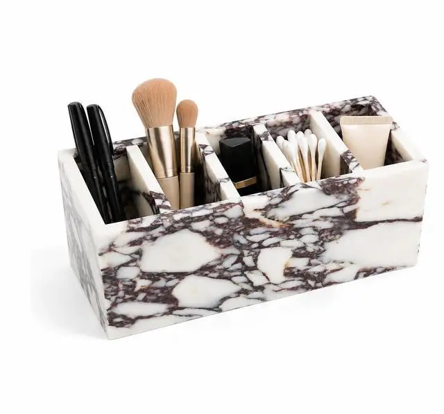 Main image of 5-Compartment Marble Desk Organizer, 9.84 in | Natural marble 5-section organizer for pens, makeup brushes, cotton swabs, lipsticks, and slim daily items