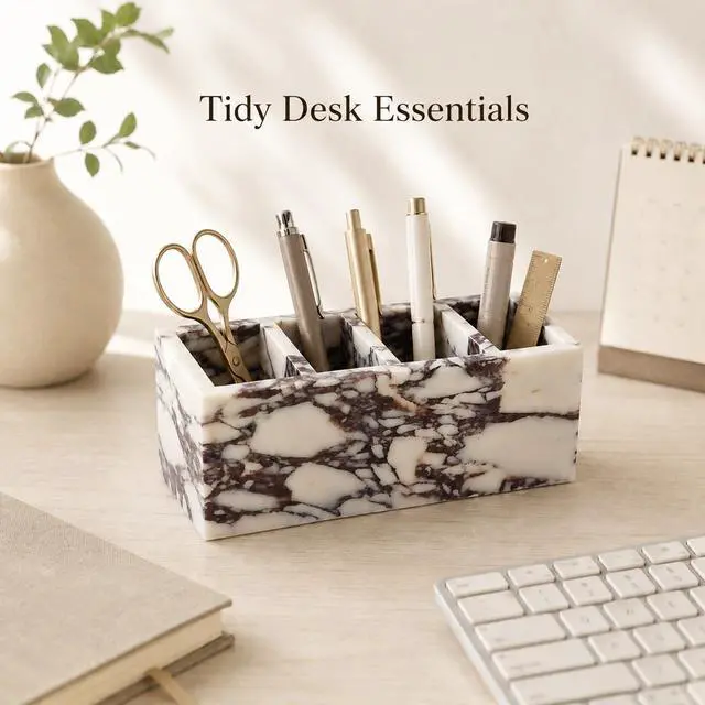 Alt view image 3 of 7 - 5-Compartment Marble Desk Organizer, 9.84 in | Natural marble 5-section organizer for pens, makeup brushes, cotton swabs, lipsticks, and slim daily items