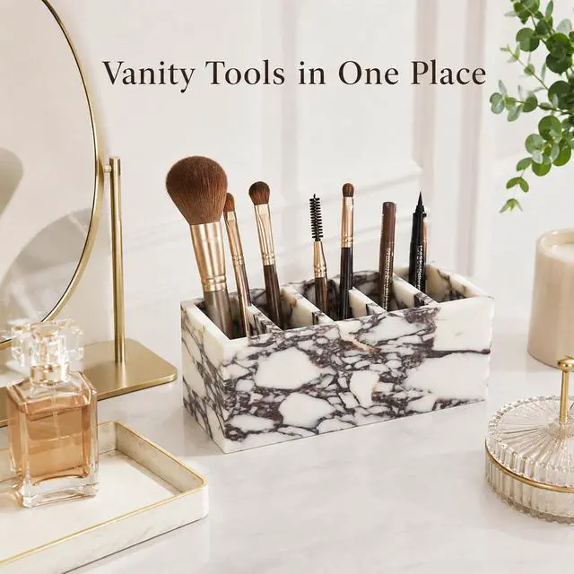 Alt view image 6 of 7 - 5-Compartment Marble Desk Organizer, 9.84 in | Natural marble 5-section organizer for pens, makeup brushes, cotton swabs, lipsticks, and slim daily items