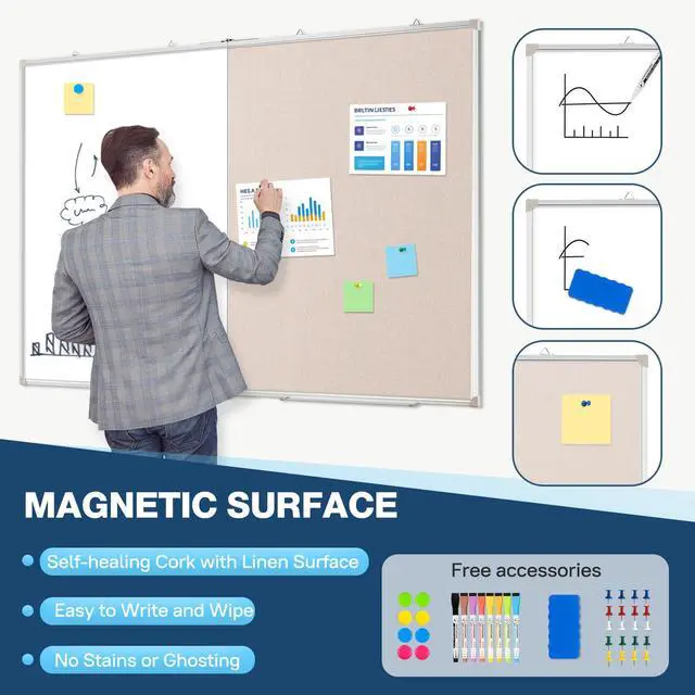 Alt view image 4 of 7 - Large White Board Dry Erase Foldable Bulletin Board Combo 48x36 for Wall | Dry Erase White Board, Linen Bulletin Combo, Foldable Double-Sided, Magnetic Wall Mount, School Home Office, Complete Kit