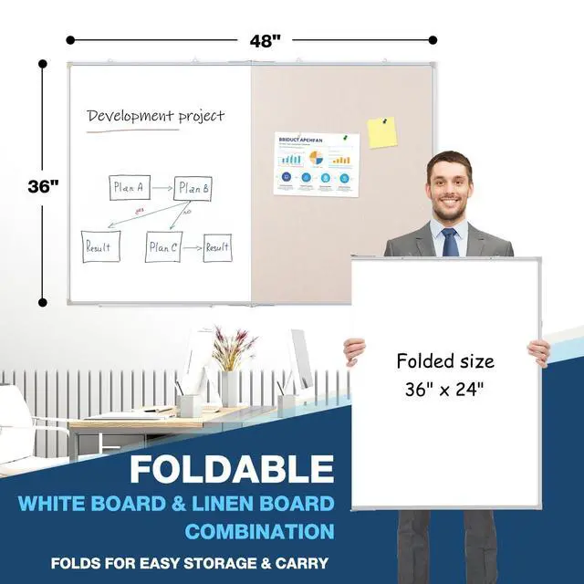 Alt view image 2 of 7 - Large White Board Dry Erase Foldable Bulletin Board Combo 48x36 for Wall | Dry Erase White Board, Linen Bulletin Combo, Foldable Double-Sided, Magnetic Wall Mount, School Home Office, Complete Kit