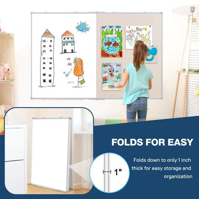 Alt view image 6 of 7 - Large White Board Dry Erase Foldable Bulletin Board Combo 48x36 for Wall | Dry Erase White Board, Linen Bulletin Combo, Foldable Double-Sided, Magnetic Wall Mount, School Home Office, Complete Kit