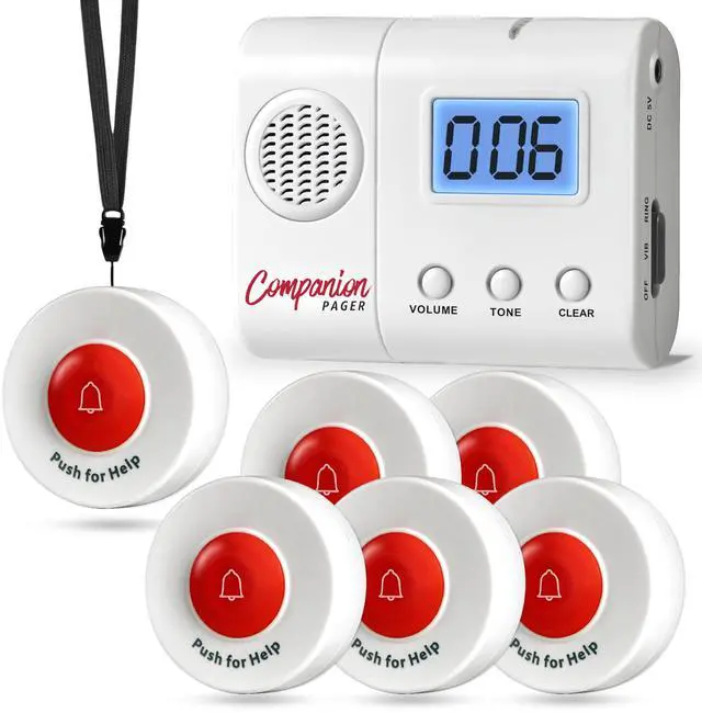 Main image of Wireless Caregiver Pager System with 6 Call Buttons and LCD Pager | Vibration alerts with one-off or repeat reminders every minute for elderly care and caregiver assistance