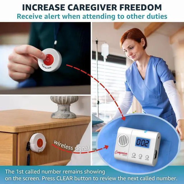 Alt view image 2 of 7 - Wireless Caregiver Pager System with 6 Call Buttons and LCD Pager | Vibration alerts with one-off or repeat reminders every minute for elderly care and caregiver assistance