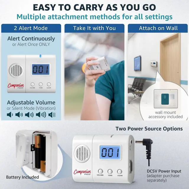 Alt view image 3 of 7 - Wireless Caregiver Pager System with 6 Call Buttons and LCD Pager | Vibration alerts with one-off or repeat reminders every minute for elderly care and caregiver assistance
