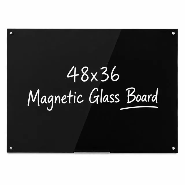 Main image of Black Glass Dry Erase Board, Frameless Magnetic Glass Whiteboard 48" x 36" | Tempered Glass Surface, Dry Erase Board for Wall, For Office, School, Home, Includes Mounting Hardware & Tray