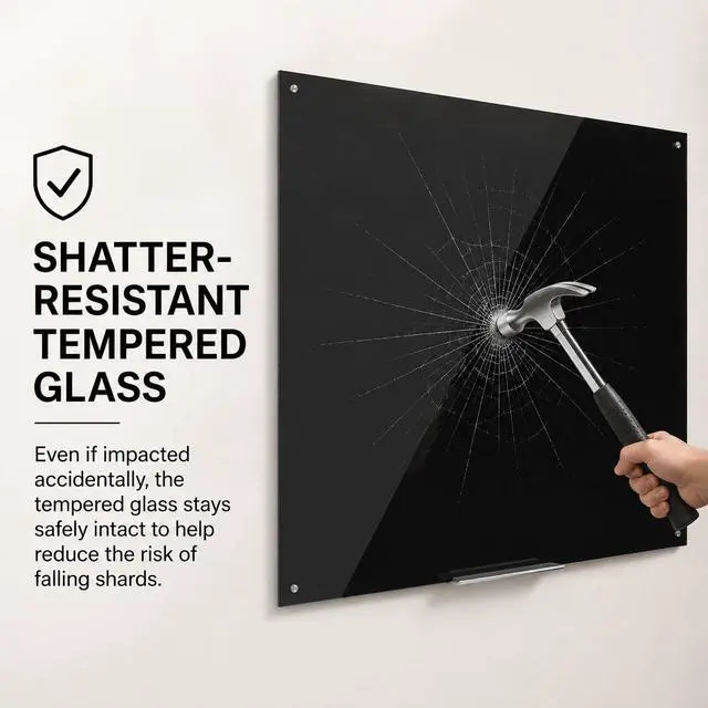 Alt view image 3 of 6 - Black Glass Dry Erase Board, Frameless Magnetic Glass Whiteboard 48" x 36" | Tempered Glass Surface, Dry Erase Board for Wall, For Office, School, Home, Includes Mounting Hardware & Tray